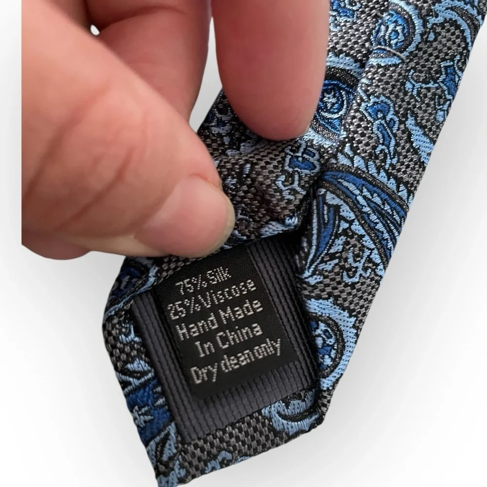 Pronto Uomo Platinum men’s paisley silk blend blue gray hand made neck tie